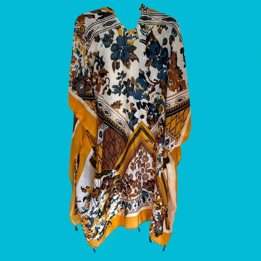 Woven Heart GOLD BLUE BROWN KIMONO W/ TASSELS‎